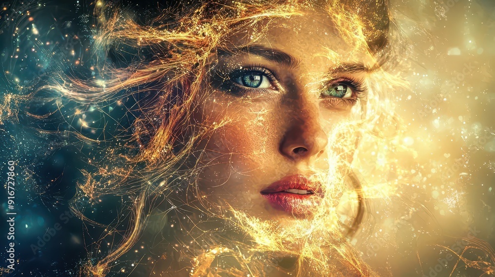 An artistic portrait with unique lighting and digital manipulation, creating a stunning visual effect, An artistic portrait with unique lighting and digital manipulation, creating a stunning visual effect,
