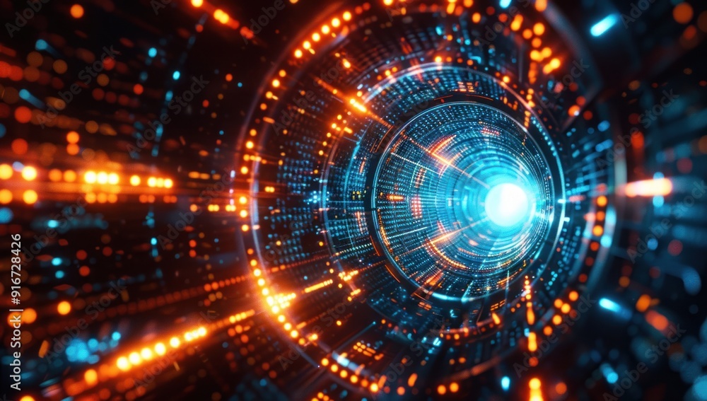 Abstract Digital Tunnel with Orange and Blue Lights Abstract Digital Tunnel with Orange and Blue Lights