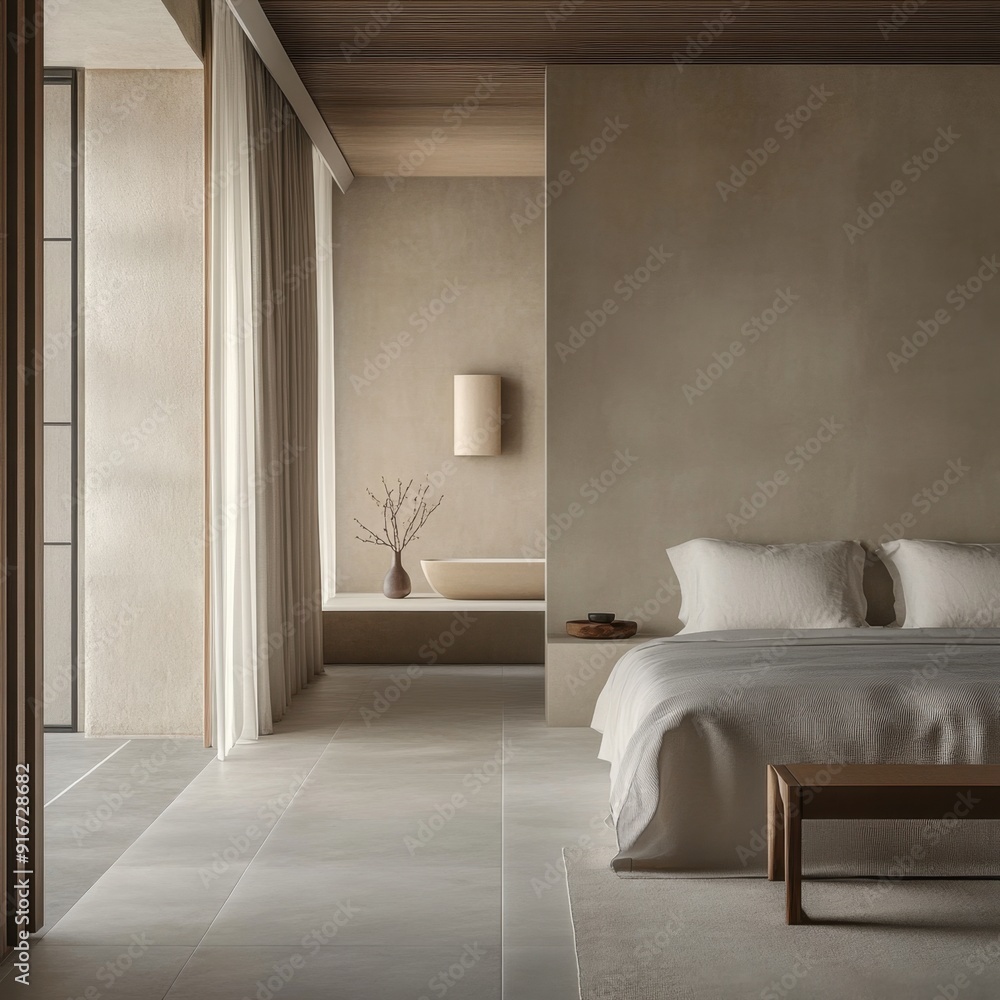 A bedroom with a white bed and a white blanket. The room has a minimalist design with a white color scheme A bedroom with a white bed and a white blanket. The room has a minimalist design with a white color scheme