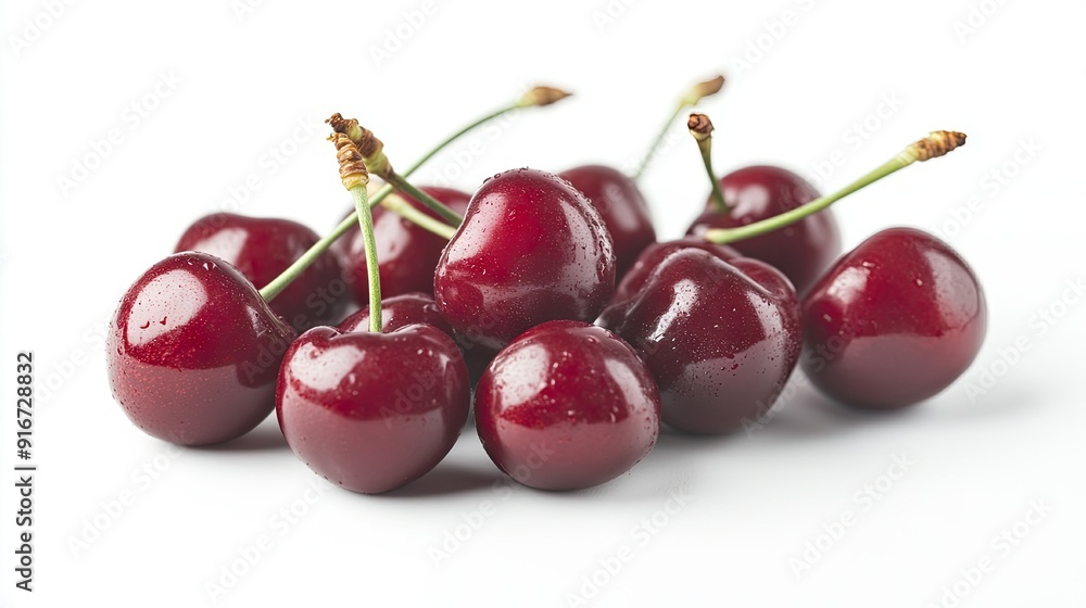 A bunch of fresh cherries, isolated on white, captured with full depth of field to showcase the rich red color and glossy texture. A bunch of fresh cherries, isolated on white, captured with full depth of field to showcase the rich red color and glossy texture.