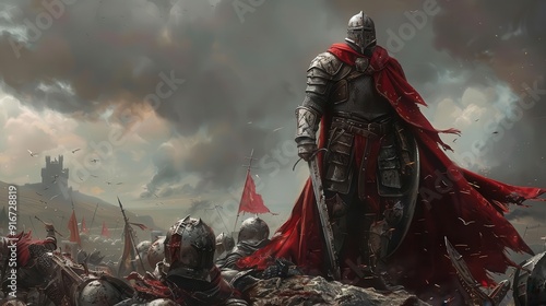 Knight with battle scars, standing triumphantly on a pile of defeated enemies