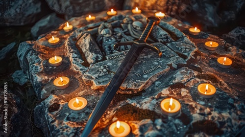 Knights tomb with a medieval sword lying on top, surrounded by candles