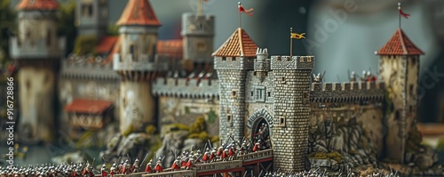 Knights storming castle drawbridge, moat filled with obstacles