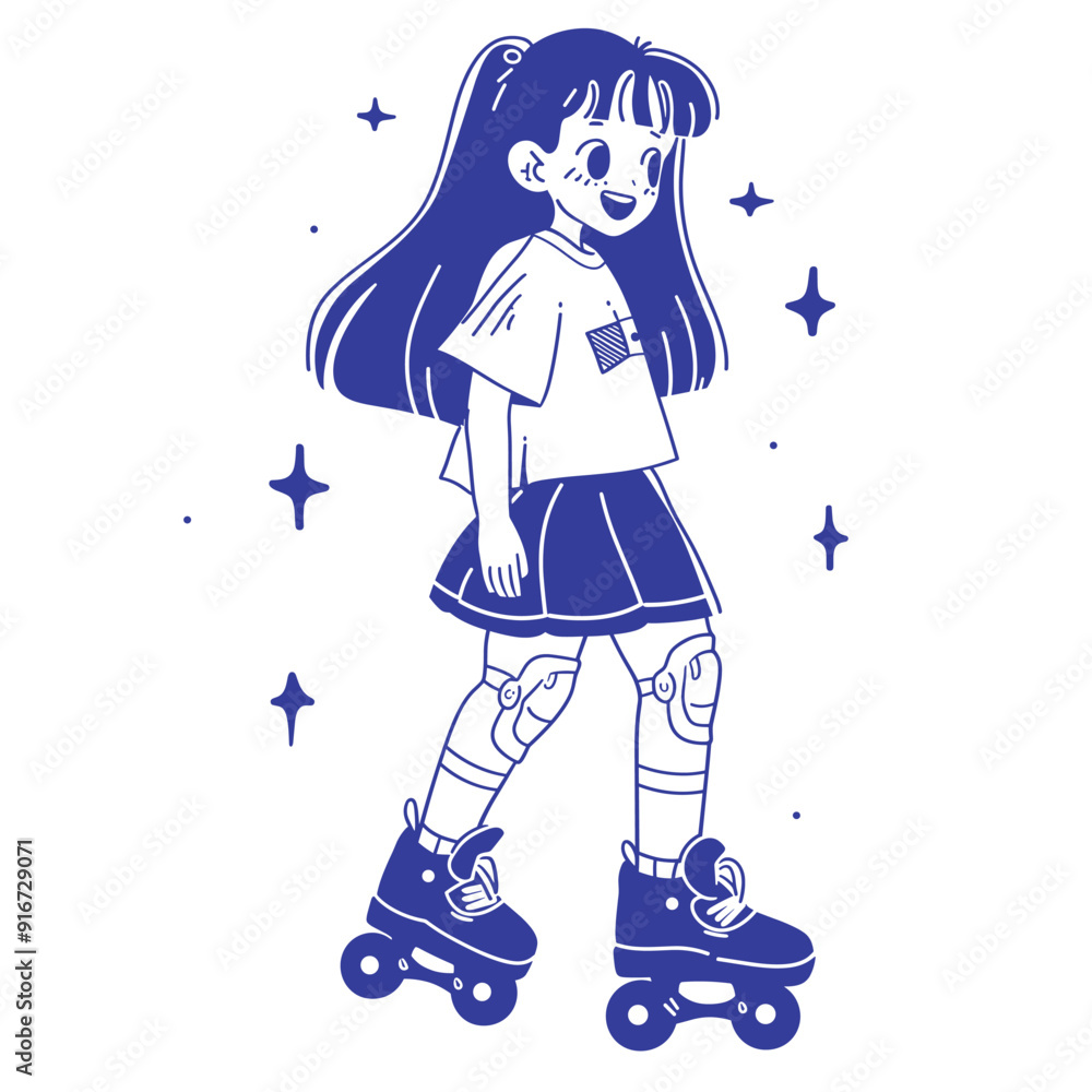 Cheerful cartoon girl on roller skates, simple line art.
Cheerful cartoon girl on roller skates, simple line art.