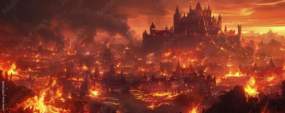 Onager surrounded by flaming debris, castle in the distance Onager surrounded by flaming debris, castle in the distance