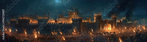 Nighttime castle siege, torches illuminating the battleground photo