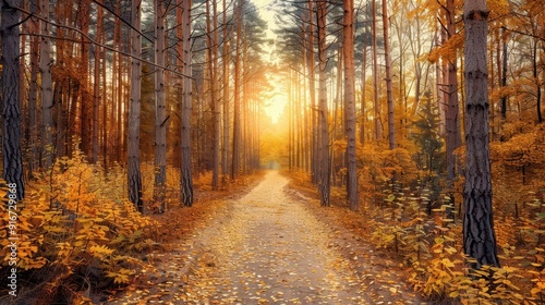 Forest trail with golden leaves and a sunrise background, photorealistic, warm colors, serene