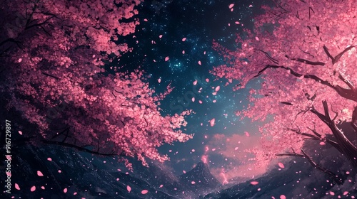 abstract beautiful view of blooming sakura cherry blossom trees