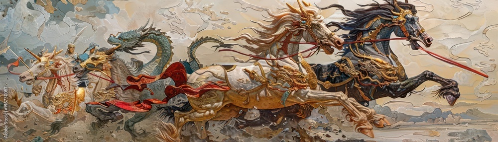 Warhorse adorned with dragon motifs, in a legendary battle scene Warhorse adorned with dragon motifs, in a legendary battle scene