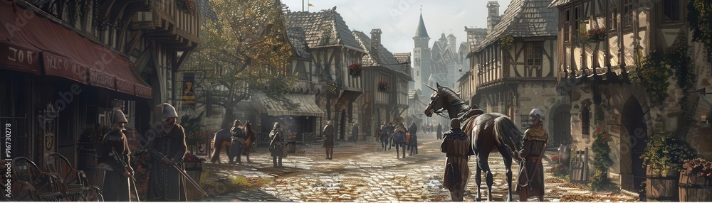 Naklejka premium Warhorse in a medieval city, amidst cobblestone streets and old buildings