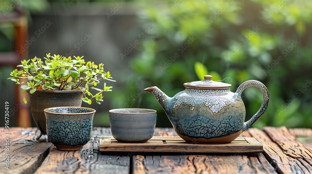 herbal tea concept, teapot, ceramic, porcelain, clay, on wooden table and garden background. ai-generated herbal tea concept, teapot, ceramic, porcelain, clay, on wooden table and garden background. ai-generated
