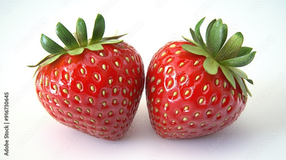 A pair of strawberries, isolated on a white background, with full depth of field, highlighting the bright red color and detailed seeds. A pair of strawberries, isolated on a white background, with full depth of field, highlighting the bright red color and detailed seeds.