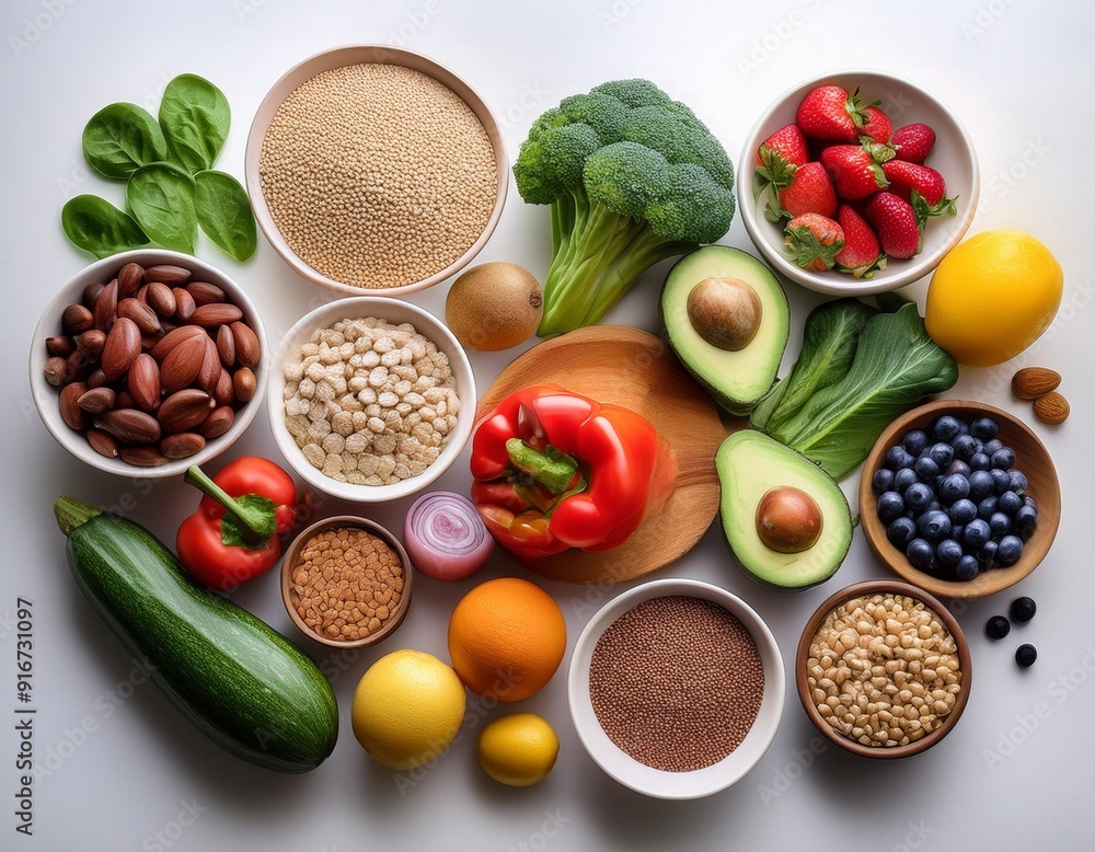 A variety of fresh, healthy low-calorie diet ingredients including fruits, vegetables A variety of fresh, healthy low-calorie diet ingredients including fruits, vegetables