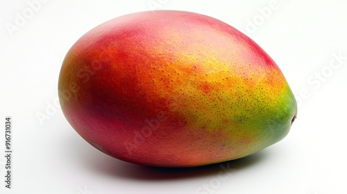 A ripe mango, isolated on white, captured with full depth of field, emphasizing the smooth skin and vibrant colors.