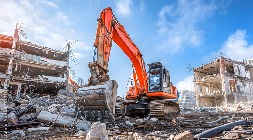 orange excavator destroying building orange excavator destroying building