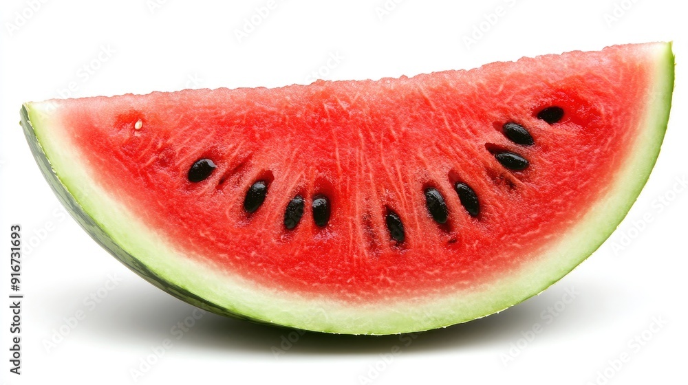 A watermelon slice, isolated on white, captured with full depth of field, highlighting the vibrant red flesh and black seeds. A watermelon slice, isolated on white, captured with full depth of field, highlighting the vibrant red flesh and black seeds.