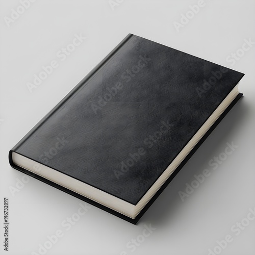 Black textured notebook on a white marble surface