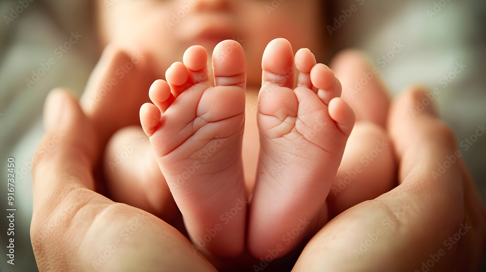 Baby's feet are being held in a mother's hands Baby's feet are being held in a mother's hands