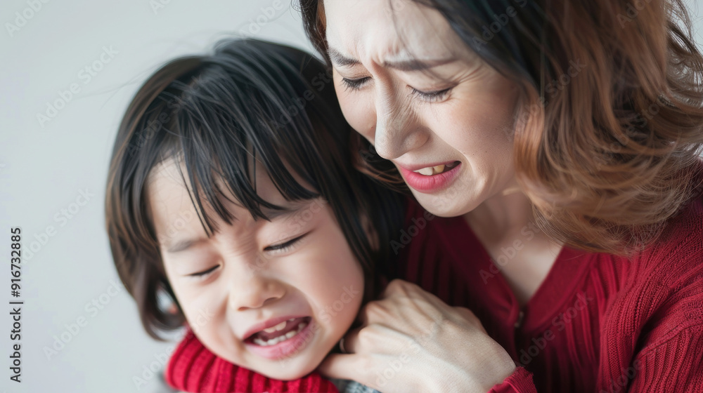 Emotional Mother Comforting Crying Child in Red Sweater - Close-Up Portrait of Family Bonding and Love Emotional Mother Comforting Crying Child in Red Sweater - Close-Up Portrait of Family Bonding and Love