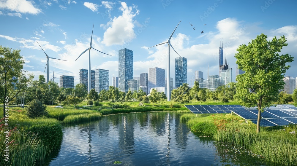 Obraz premium A futuristic concept of a city powered entirely by renewable energy, with wind turbines, solar panels and green spaces integrated throughout the city.