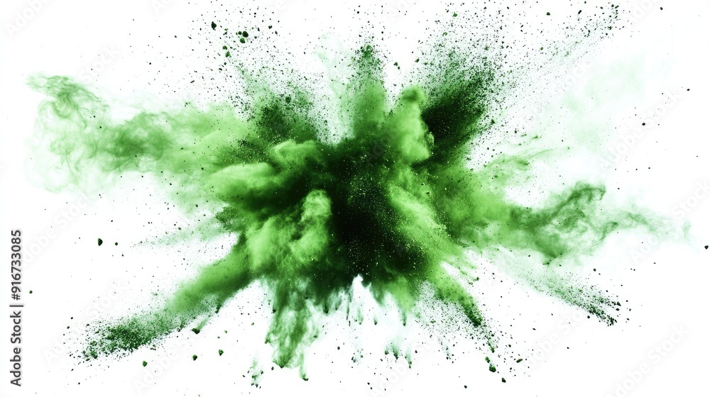 Green colored powder explosion, frozen in time on a white background, highlighting the bright and bold particles in motion. Suitable for printing and festival themes. Green colored powder explosion, frozen in time on a white background, highlighting the bright and bold particles in motion. Suitable for printing and festival themes.