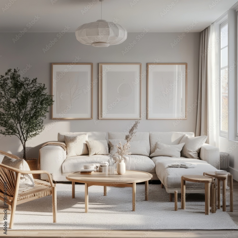 Fototapeta premium A living room with a white couch, a coffee table, and a potted plant. The room has a minimalist and clean look, with white furniture and a neutral color palette