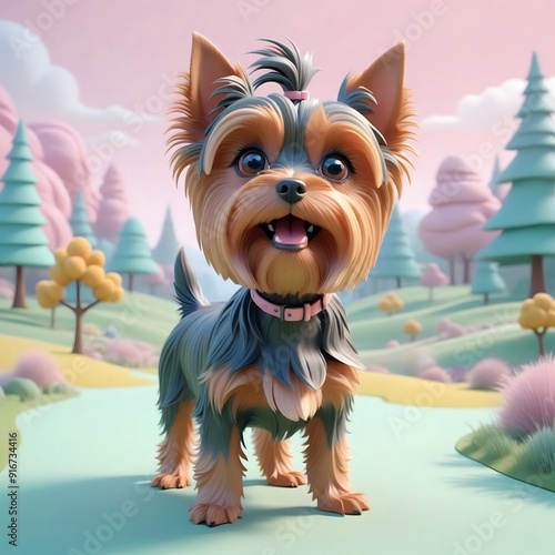 Wallpaper Mural Cute cartoon Yorkshire Terrier standing on a pastel landscape. Torontodigital.ca