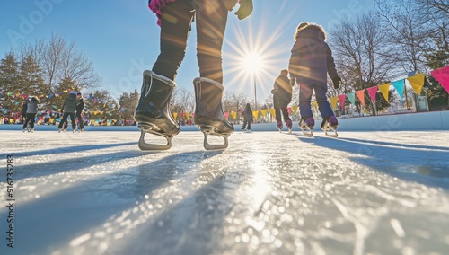 family ice skating on an outdoor rink in winter, with colorful decorations and people enjoying the sport around them. The sun is shining brightly overhead, casting long shadows over their movements. photo