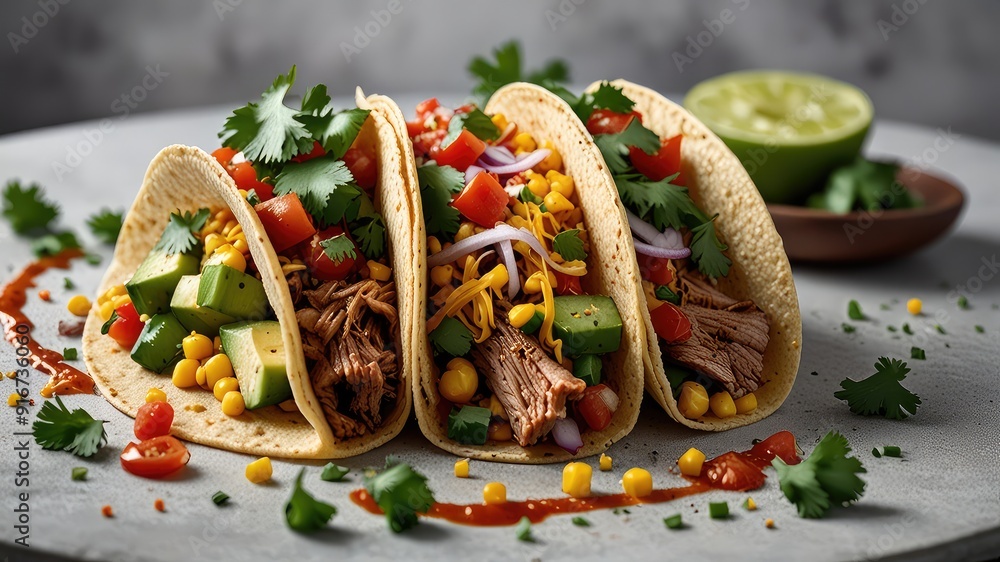 A mouthwatering corn tacos with veggies and salsa A mouthwatering corn tacos with veggies and salsa