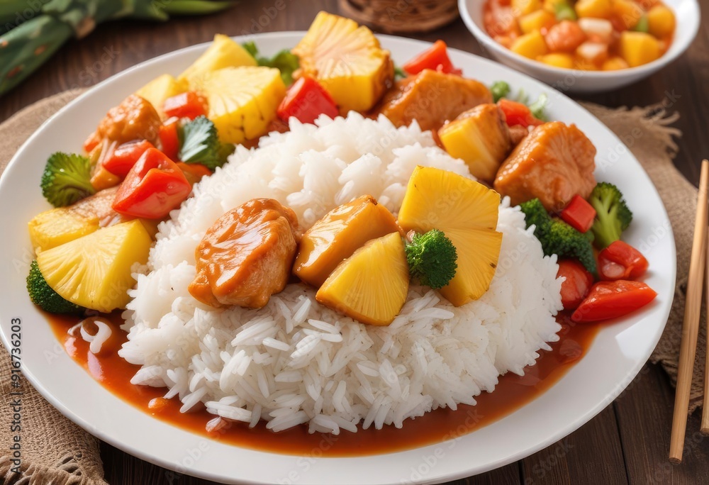 asian food, chicken and vegetables in sweet sour ananas pineapple sauce and rice on plate, ai asian food, chicken and vegetables in sweet sour ananas pineapple sauce and rice on plate, ai