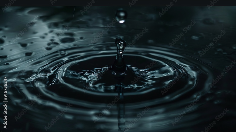Water drop with droplet and rings on surfacedark background Water drop with droplet and rings on surfacedark background