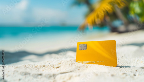 Yellow empty credit card mokeup on white sand