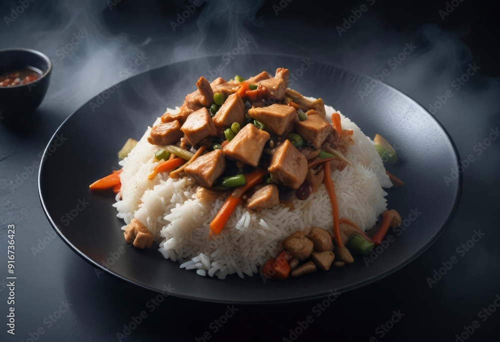 asian food, Chop Suey sauce with chicken and rice on plate, ai asian food, Chop Suey sauce with chicken and rice on plate, ai