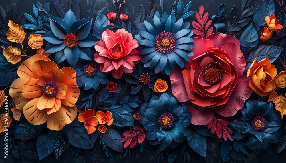Bold 3D flower assortment with intricate details and a central copy space on a dark background Bold 3D flower assortment with intricate details and a central copy space on a dark background