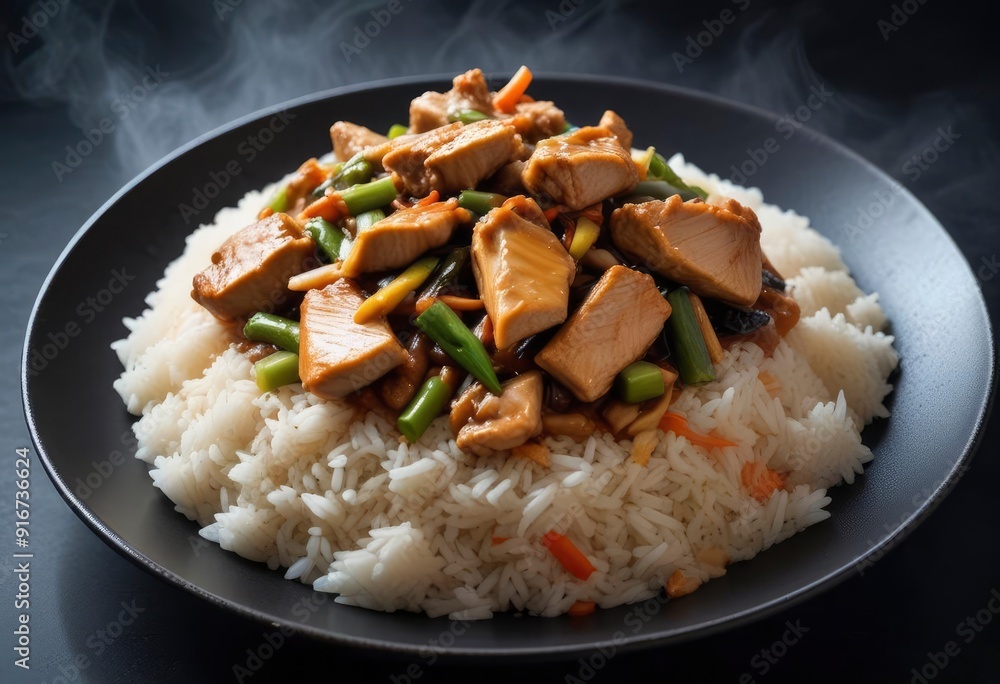 asian food, Chop Suey sauce with chicken and rice on plate, ai asian food, Chop Suey sauce with chicken and rice on plate, ai