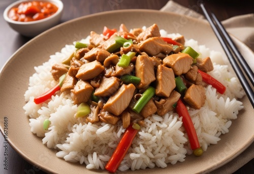 asian food, Chop Suey sauce with chicken and rice on plate, ai photo