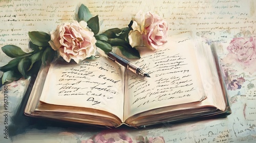 Open Book With Pink Roses and a Fountain Pen