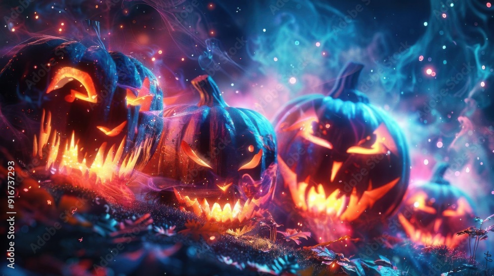 Spooky glowing jack-o'-lanterns with eerie faces in a dark, smoky backdrop, perfect for Halloween-themed designs and decorations. Spooky glowing jack-o'-lanterns with eerie faces in a dark, smoky backdrop, perfect for Halloween-themed designs and decorations.