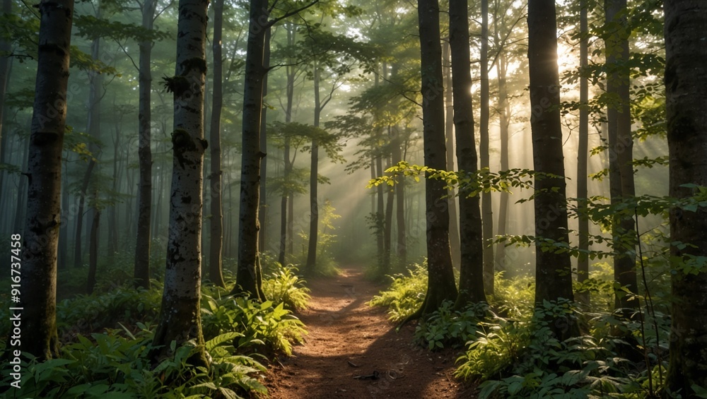 Fototapeta premium Hiking trail through natural green beech forest in the morning light, the sun shines through the morning mist