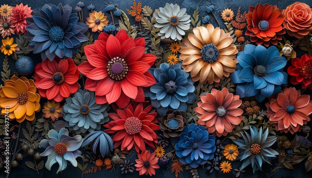Bold 3D flower assortment with intricate details and a central copy space on a dark background Bold 3D flower assortment with intricate details and a central copy space on a dark background