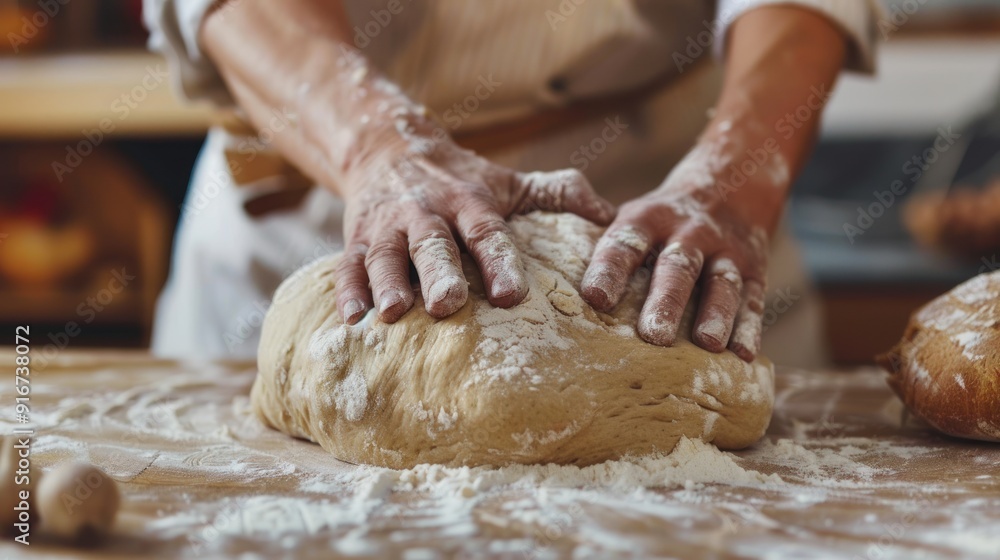 Person is making bread dough. A baker kneads dough preparing it for baking fresh bread against blurred bakery background. Person is making bread dough. A baker kneads dough preparing it for baking fresh bread against blurred bakery background.