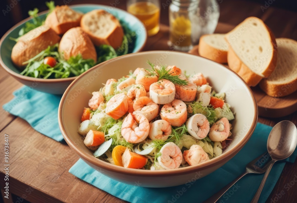 homemade seafood salat with bread in bowl, restaurant concept, ai homemade seafood salat with bread in bowl, restaurant concept, ai