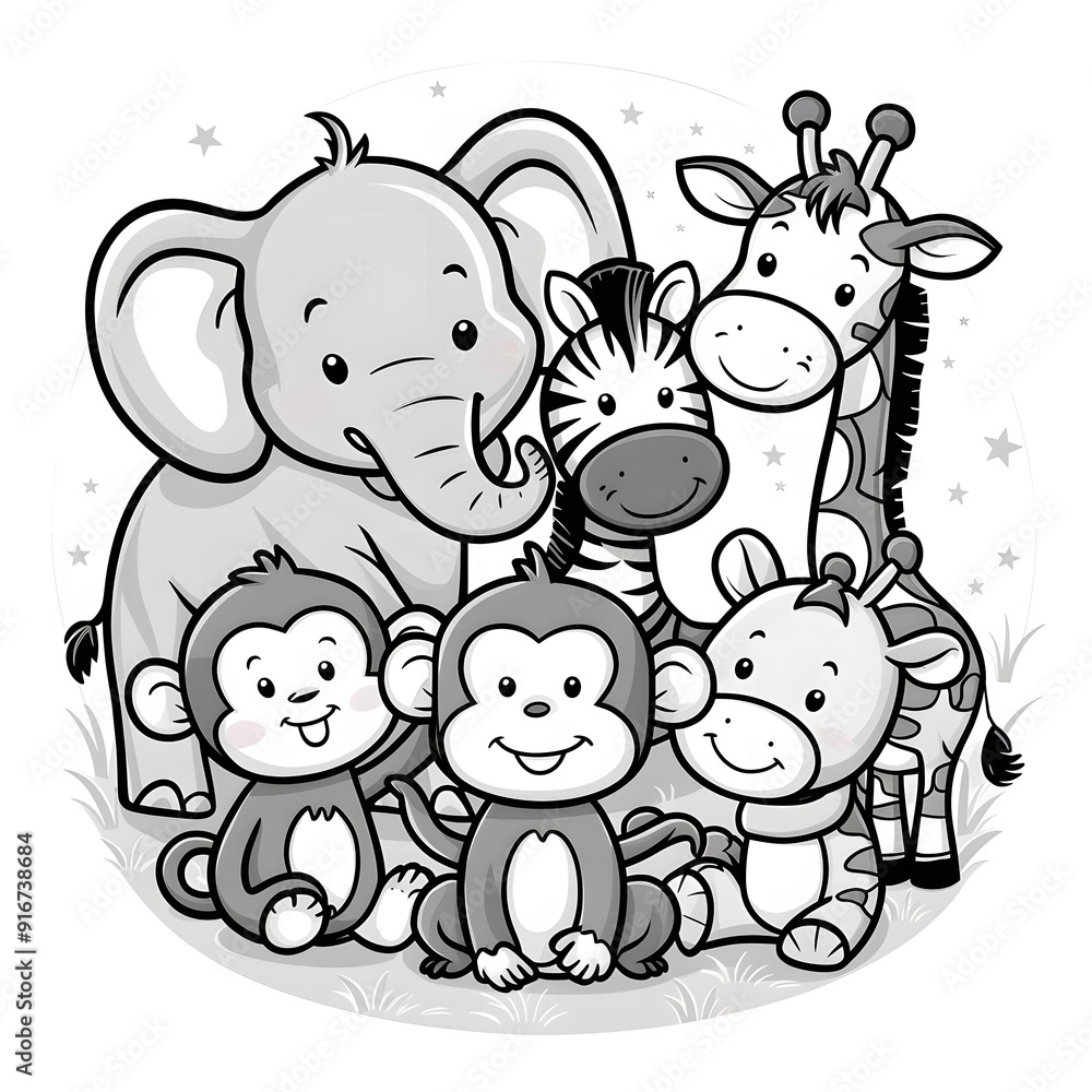 Naklejka premium cartoon animal character. Elephant, Zebra, Giraffe, Monkey and Gazelle line art illustration for children coloring pages. Clean simple line drawing on white background. set of cute animals silhouette