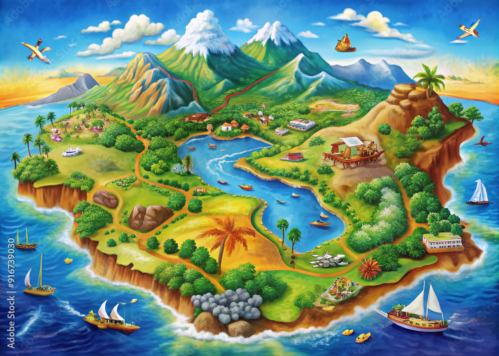 Obraz premium Vibrant, detailed map of Maui, Hawaii, showcasing roads, beaches, volcanoes, and natural attractions, with colorful illustrations and textures, perfect for travel or educational contexts.