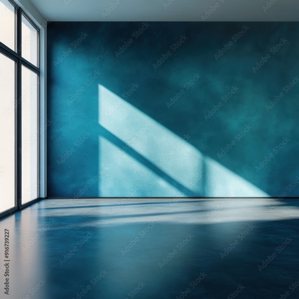 A blue room with a window and a wall with a shadow on it. The room is empty and has a very clean and modern look A blue room with a window and a wall with a shadow on it. The room is empty and has a very clean and modern look