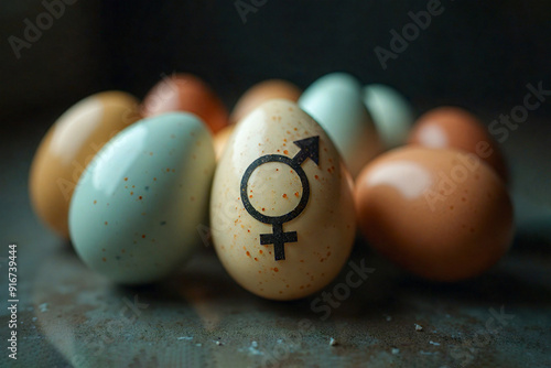 Gender symbol of intersexuality on one of many eggs. AI generative. photo