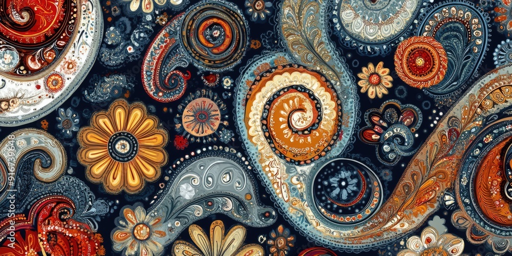 Intricate Paisley Design with Vibrant Colors and Swirling Patterns for Textiles and Decor Intricate Paisley Design with Vibrant Colors and Swirling Patterns for Textiles and Decor