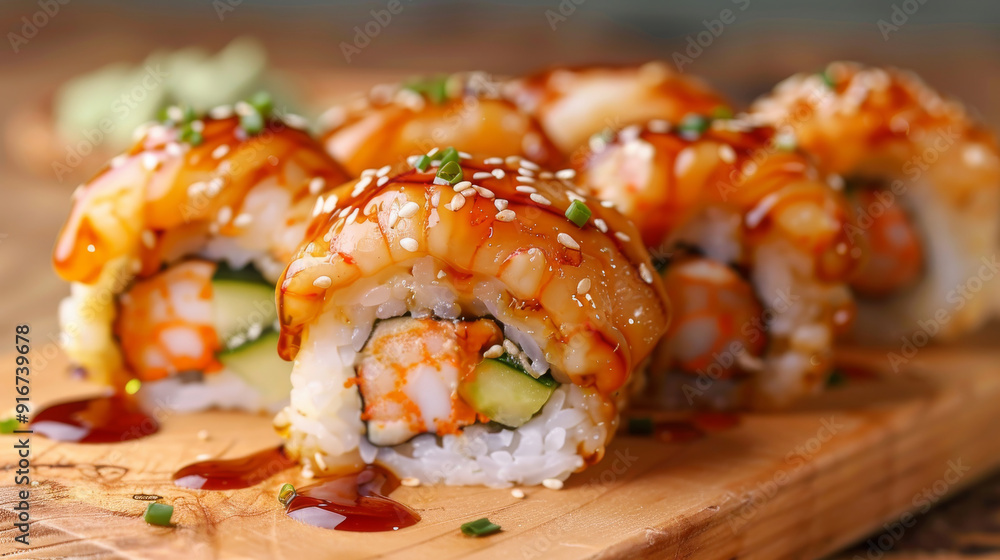 Immerse yourself in the traditional elegance of Tempura sushi rolls, featuring succulent shrimp tempura, creamy avocado, and refreshing cucumber inside Immerse yourself in the traditional elegance of Tempura sushi rolls, featuring succulent shrimp tempura, creamy avocado, and refreshing cucumber inside