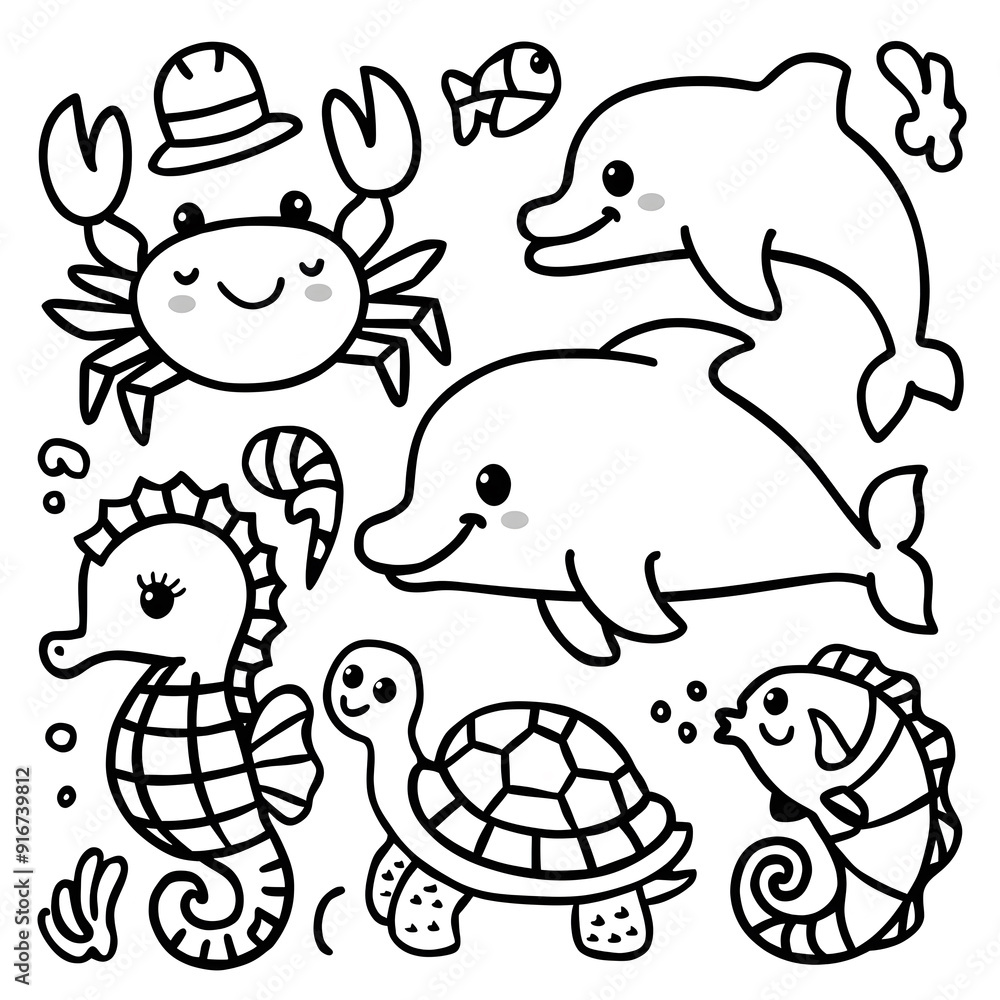 Obraz premium Sea animals character. cute Crab, Dolphin, Turtle, Seahorse and Fish line art illustration for children coloring book pages. Clean simple line drawing on white background. set of Cartoon cute animals