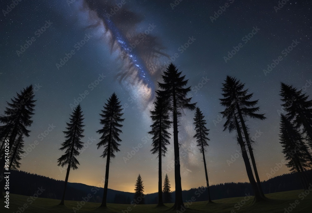 black forest silhouettes under milky way night sky, ai black forest silhouettes under milky way night sky, ai